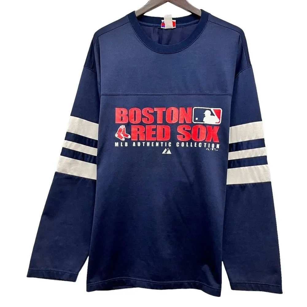 Vtg Boston Red Sox MLB Mens Navy Blue Long Sleeve Warm Up Baseball Jersey XL/XXL